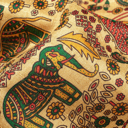 Oat Beige And Bottle Green Madhuvanii Pattern Digital Print Art Tusser Silk Fabric