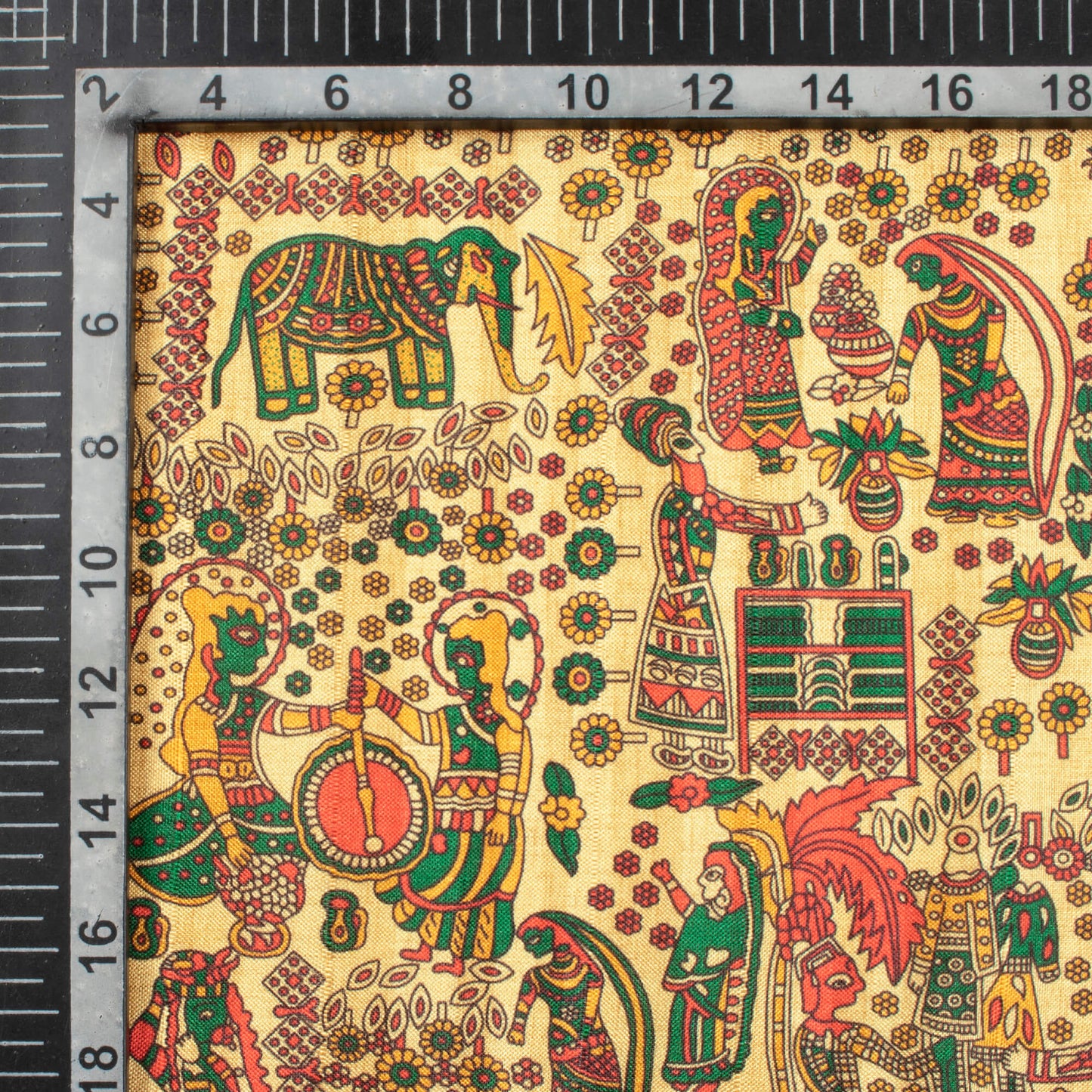 Oat Beige And Bottle Green Madhubani Pattern Digital Print Art Tusser Silk Fabric