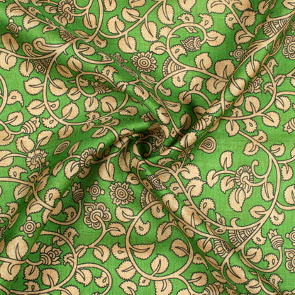 Forest Green And Off White Kalamkrii Pattern Digital Print Art Tusser Silk Fabric