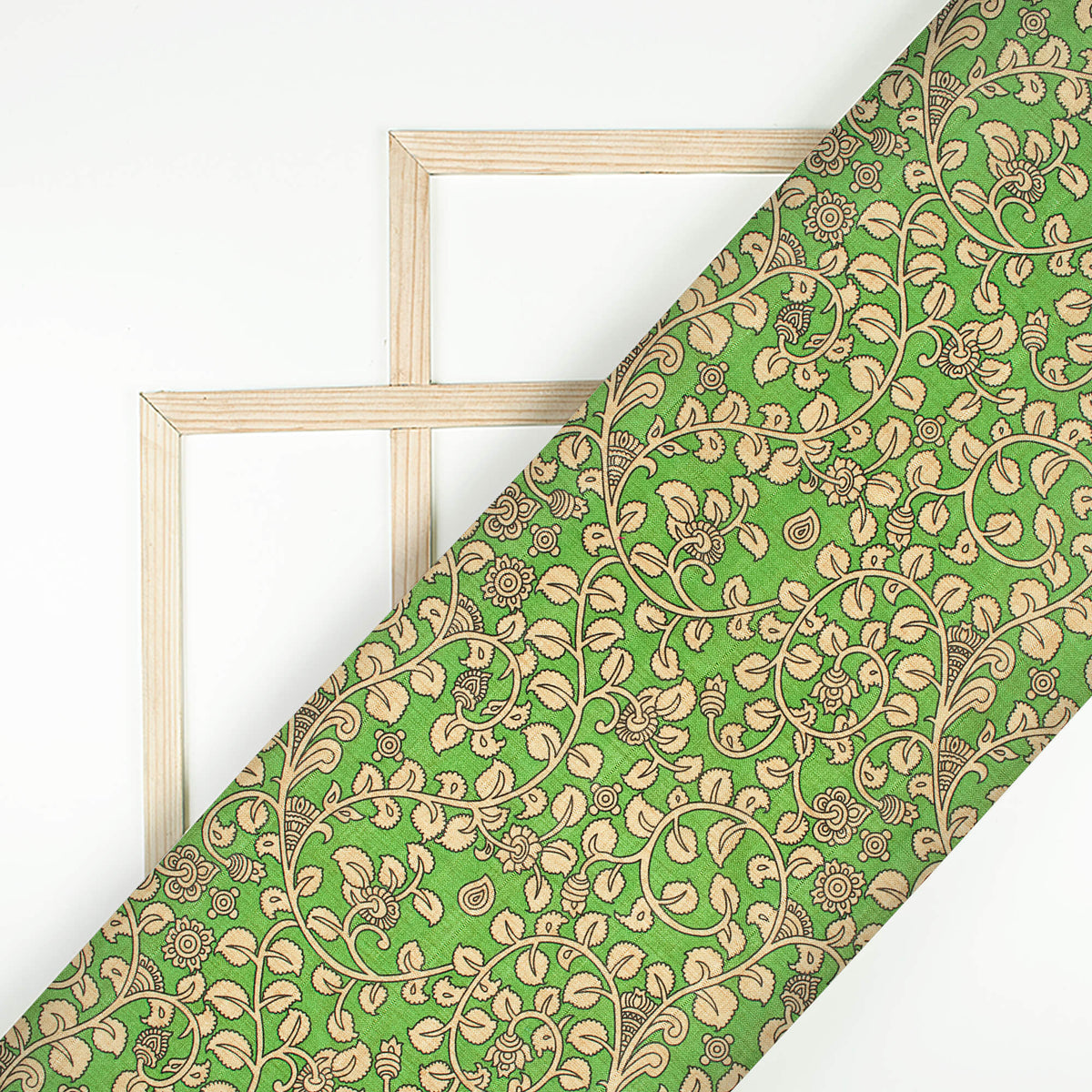 Forest Green And Off White Kalamkari Pattern Digital Print Art Tusser Silk Fabric