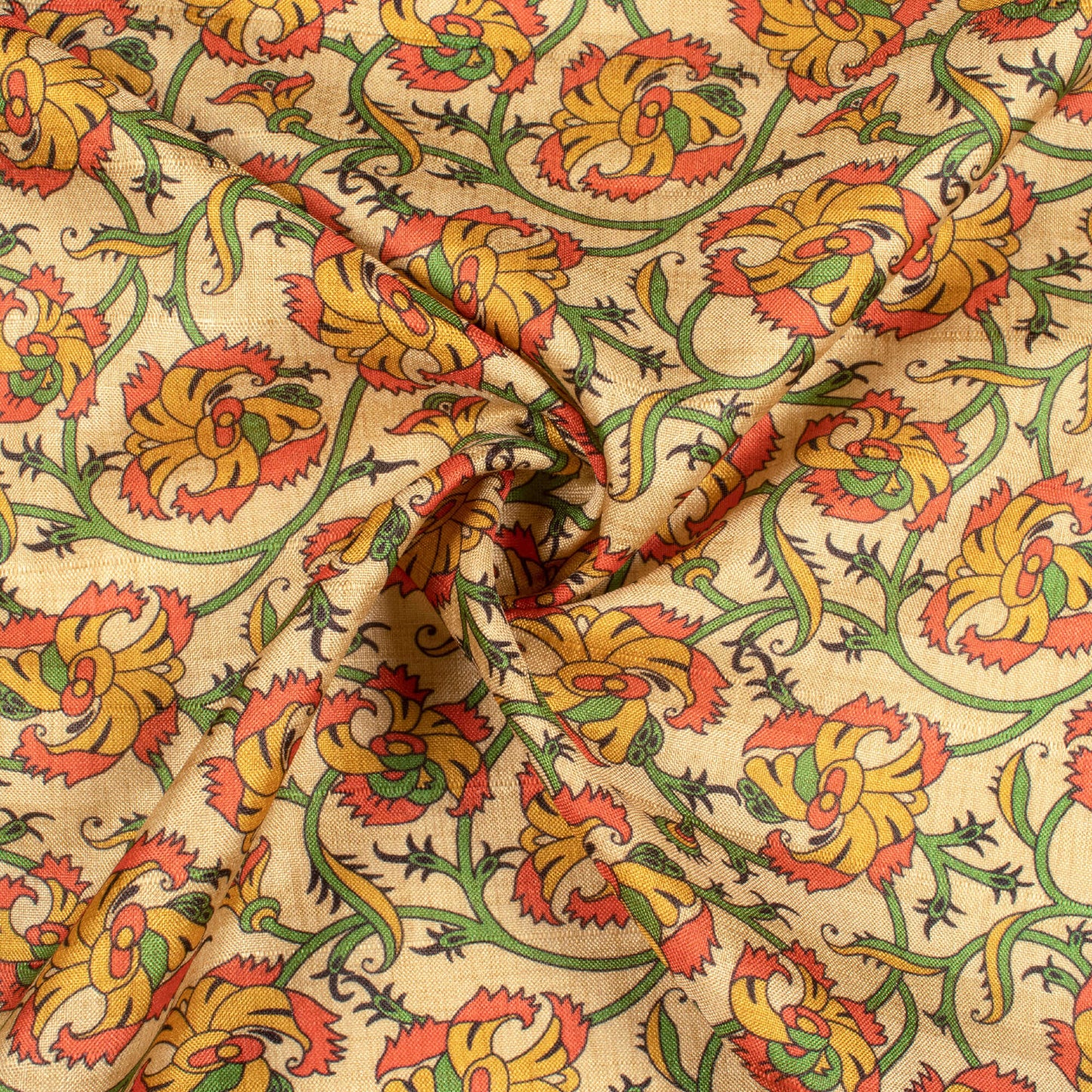 Beige And Mustard Yellow Floral Pattern Digital Print Art Tusser Silk Fabric