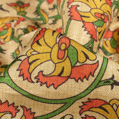 Beige And Mustard Yellow Floral Pattern Digital Print Art Tusser Silk Fabric
