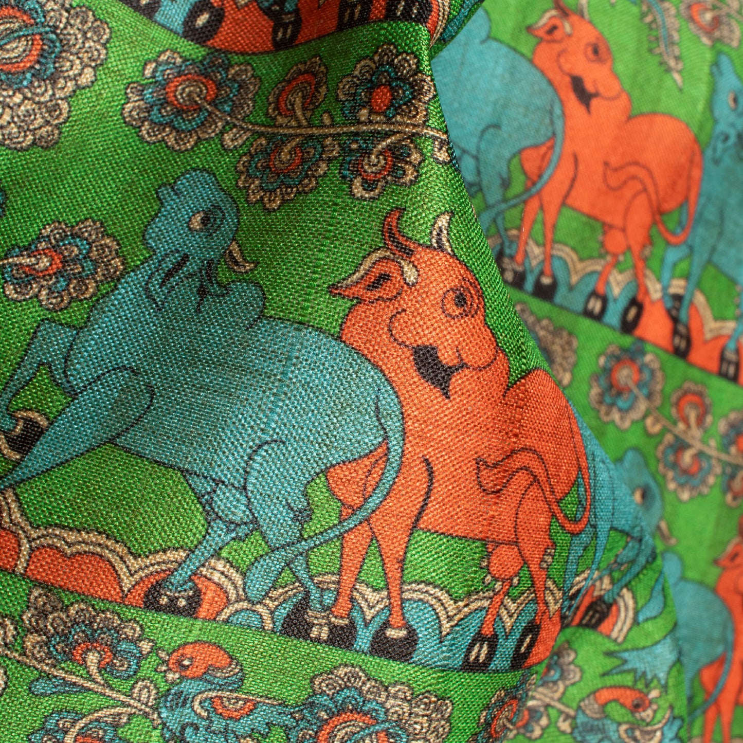 Emerald Green And Slate Blue Animal Pattern Digital Print Art Tusser Silk Fabric