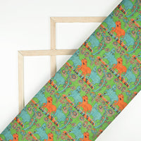 Emerald Green And Slate Blue Animal Pattern Digital Print Art Tusser Silk Fabric