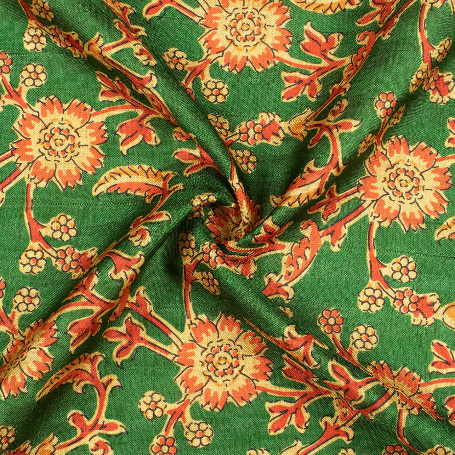 Forest Green And Dark Orange Floral Pattern Digital Print Art Tusser Silk Fabric