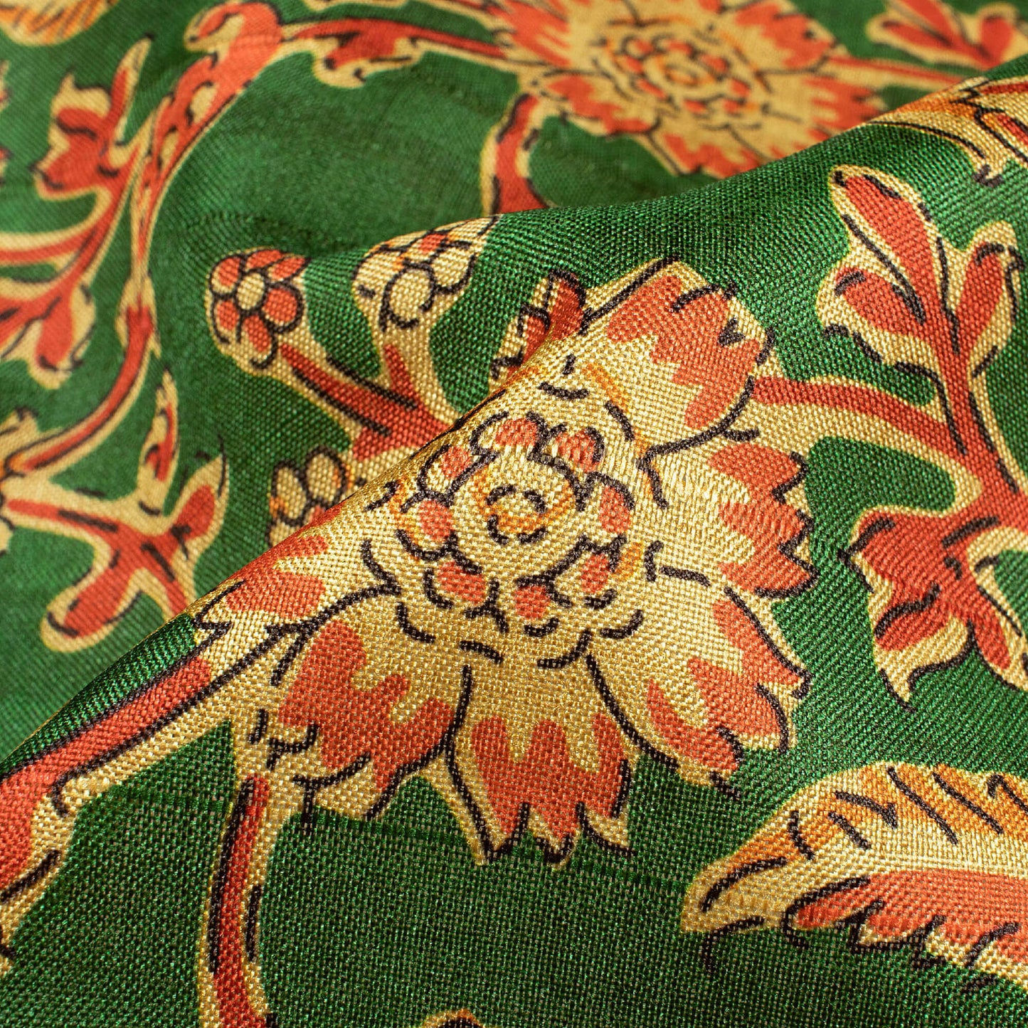 Forest Green And Dark Orange Floral Pattern Digital Print Art Tusser Silk Fabric