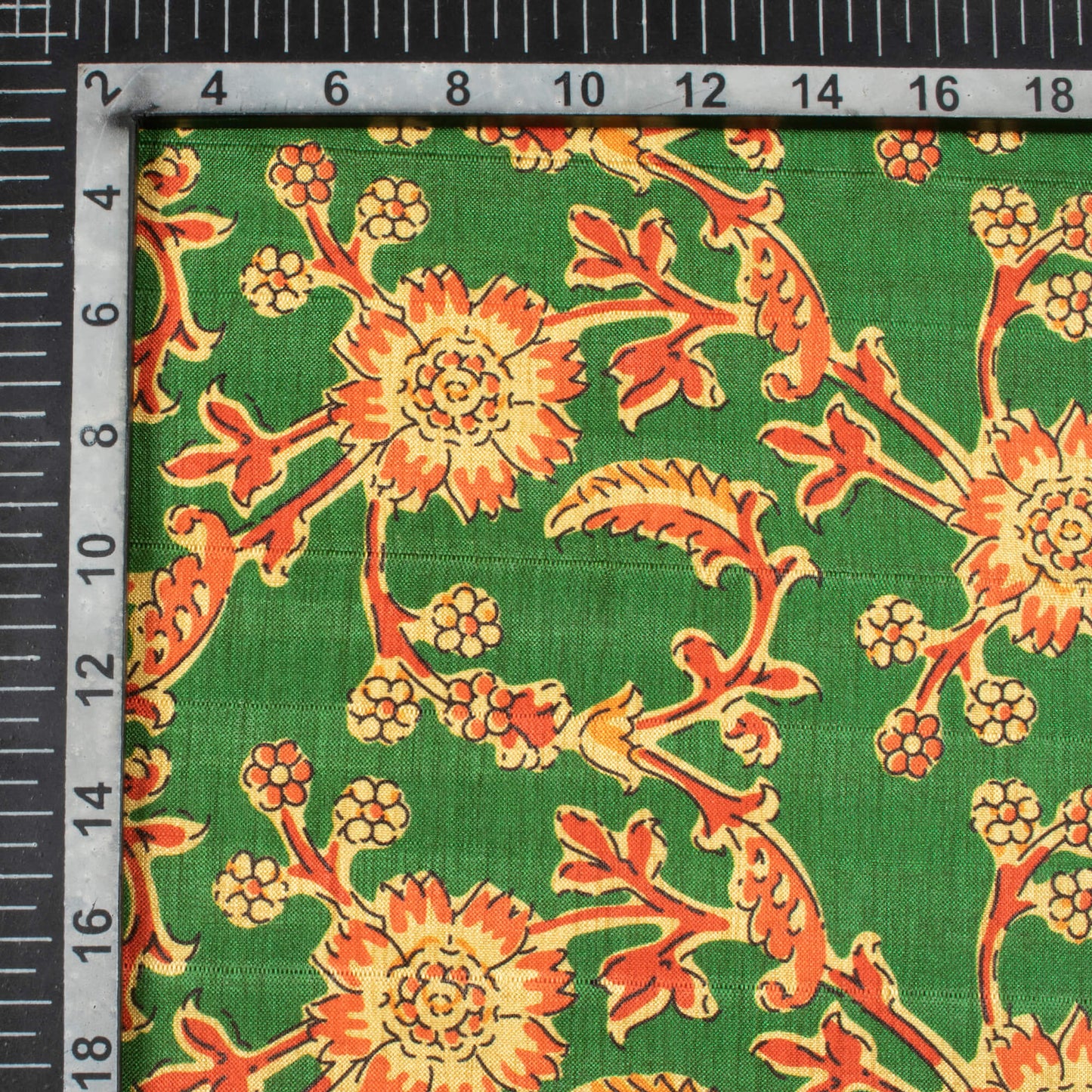 Forest Green And Dark Orange Floral Pattern Digital Print Art Tusser Silk Fabric