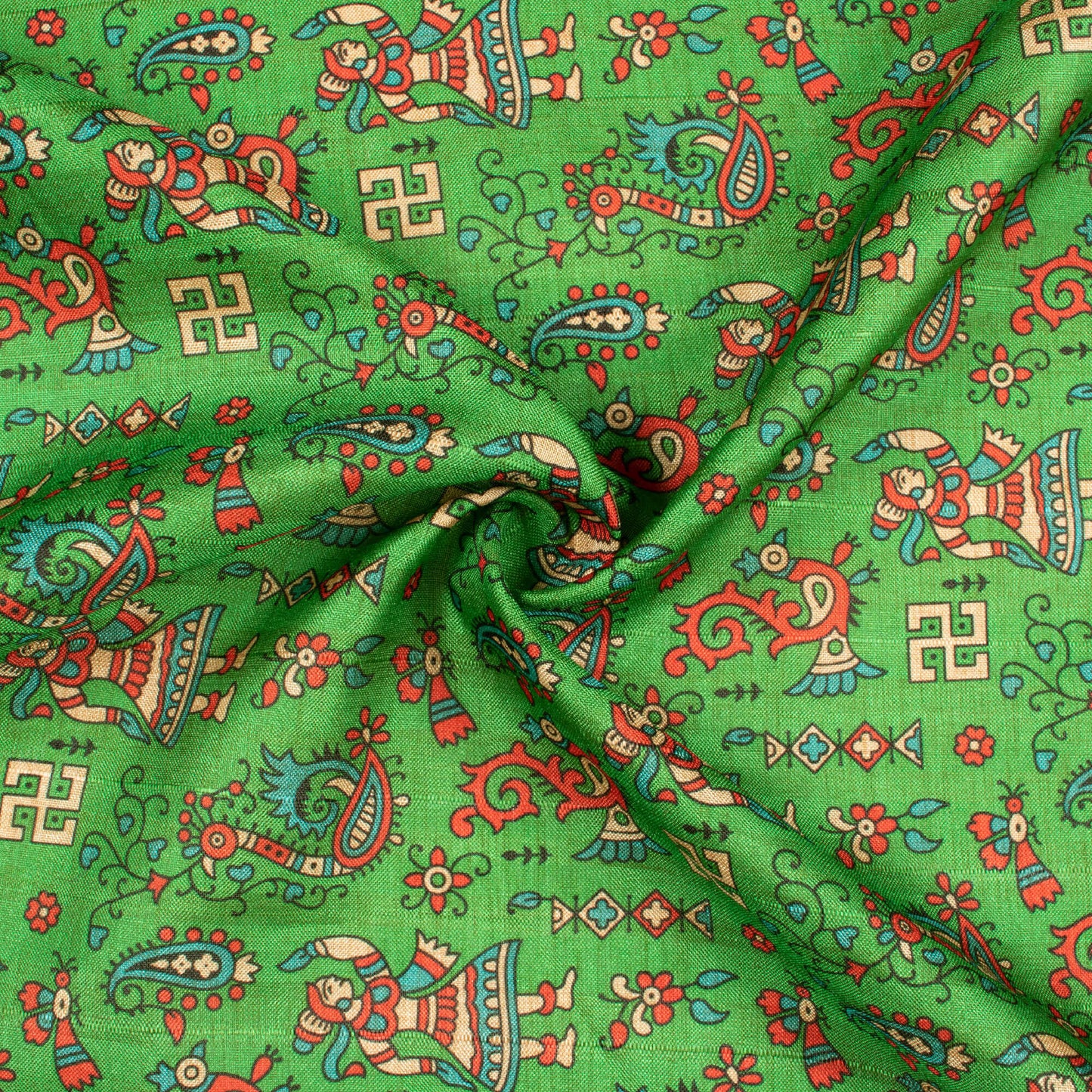 Forest Green And Orange Madhubani Pattern Digital Print Art Tusser Silk Fabric