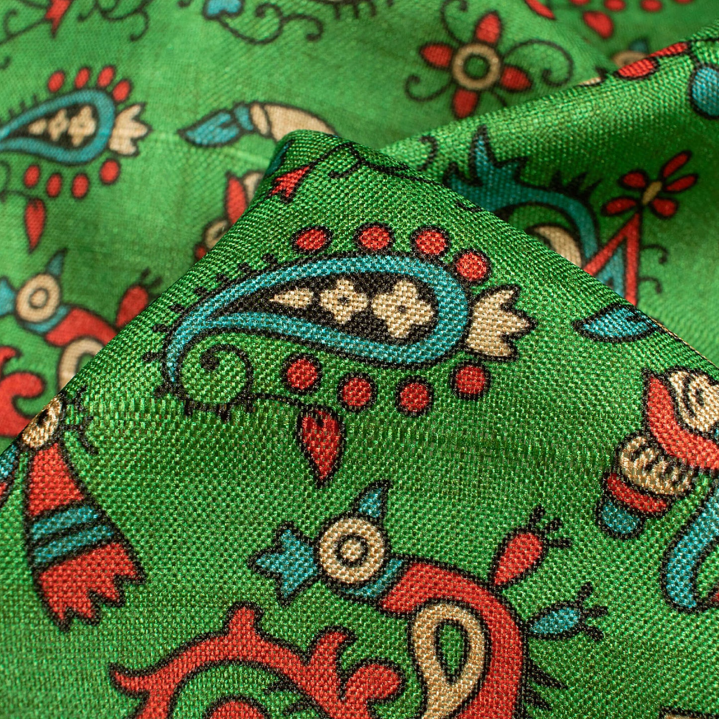 Forest Green And Orange Madhubani Pattern Digital Print Art Tusser Silk Fabric