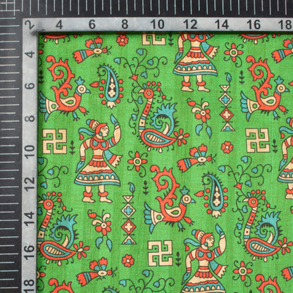 Forest Green And Orange Madhuvanii Pattern Digital Print Art Tusser Silk Fabric