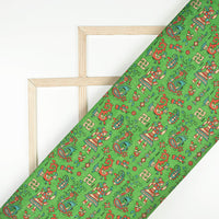 Forest Green And Orange Madhuvanii Pattern Digital Print Art Tusser Silk Fabric