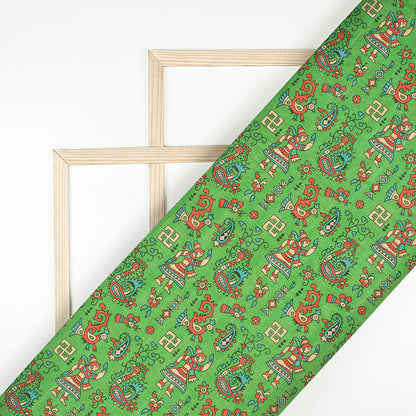 Forest Green And Orange Madhuvanii Pattern Digital Print Art Tusser Silk Fabric