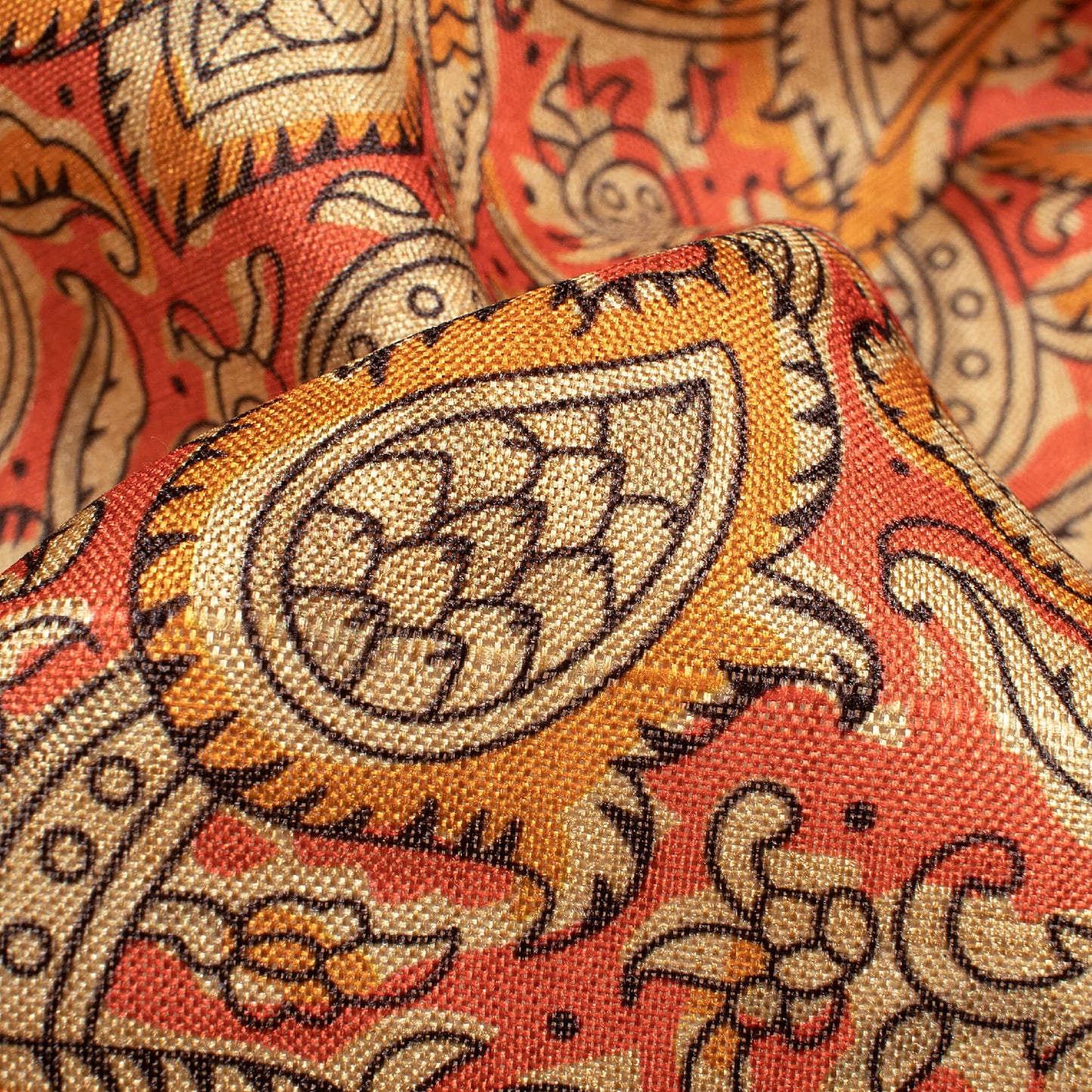 Vermilion Orange And Beige Paisley Pattern Digital Print Art Tusser Silk Fabric