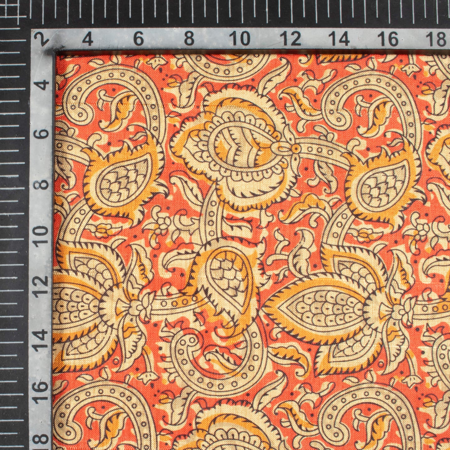 Vermilion Orange And Beige Paisley Pattern Digital Print Art Tusser Silk Fabric