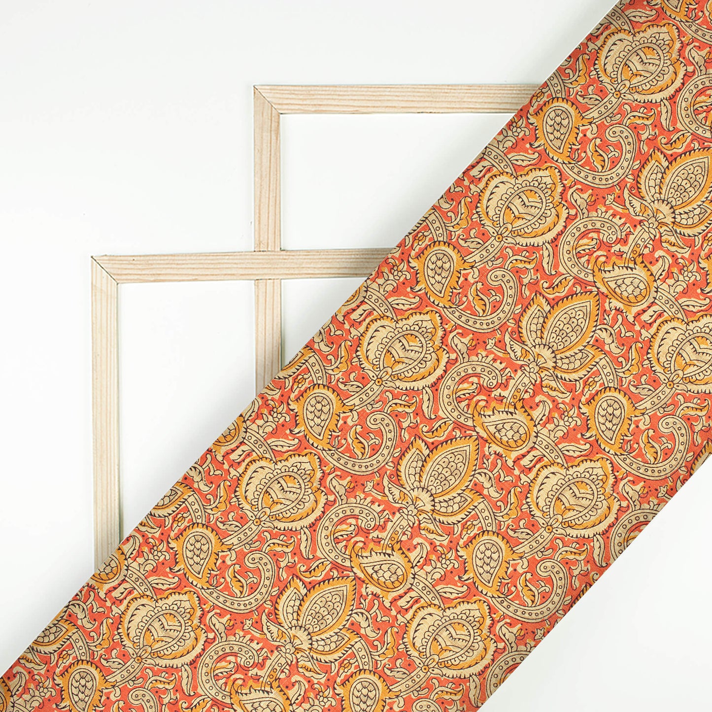 Vermilion Orange And Beige Paisley Pattern Digital Print Art Tusser Silk Fabric