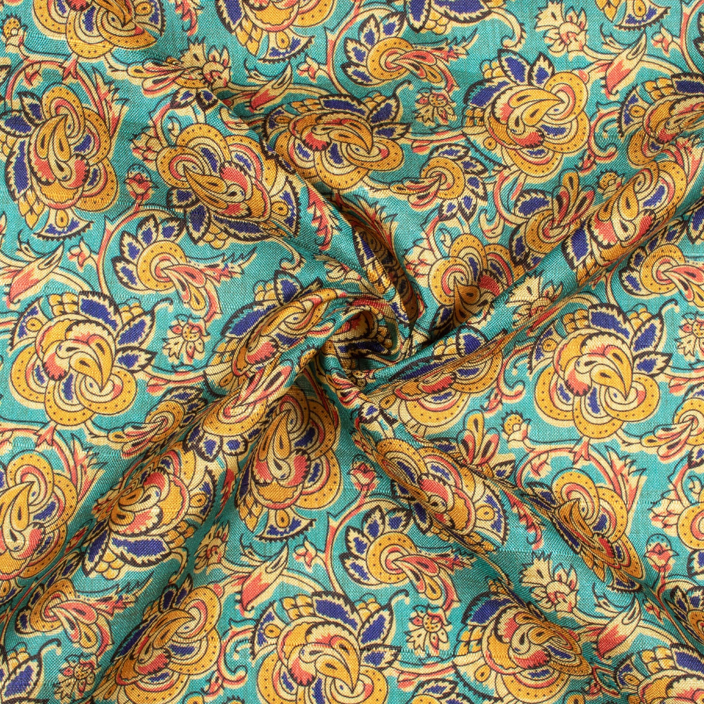 Teal Blue And Ochre Yellow Floral Pattern Digital Print Art Tusser Silk Fabric