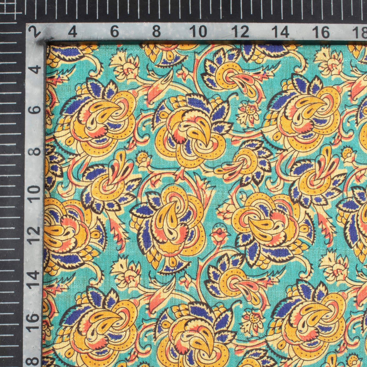 Teal Blue And Ochre Yellow Floral Pattern Digital Print Art Tusser Silk Fabric