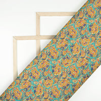 Teal Blue And Ochre Yellow Floral Pattern Digital Print Art Tusser Silk Fabric
