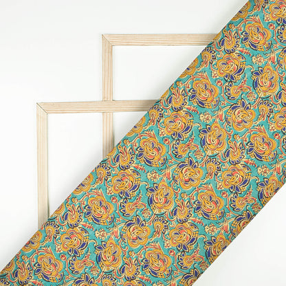 Teal Blue And Ochre Yellow Floral Pattern Digital Print Art Tusser Silk Fabric