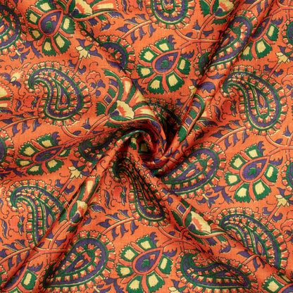 Burnt Orange And Dark Green Paisley Pattern Digital Print Art Tusser Silk Fabric