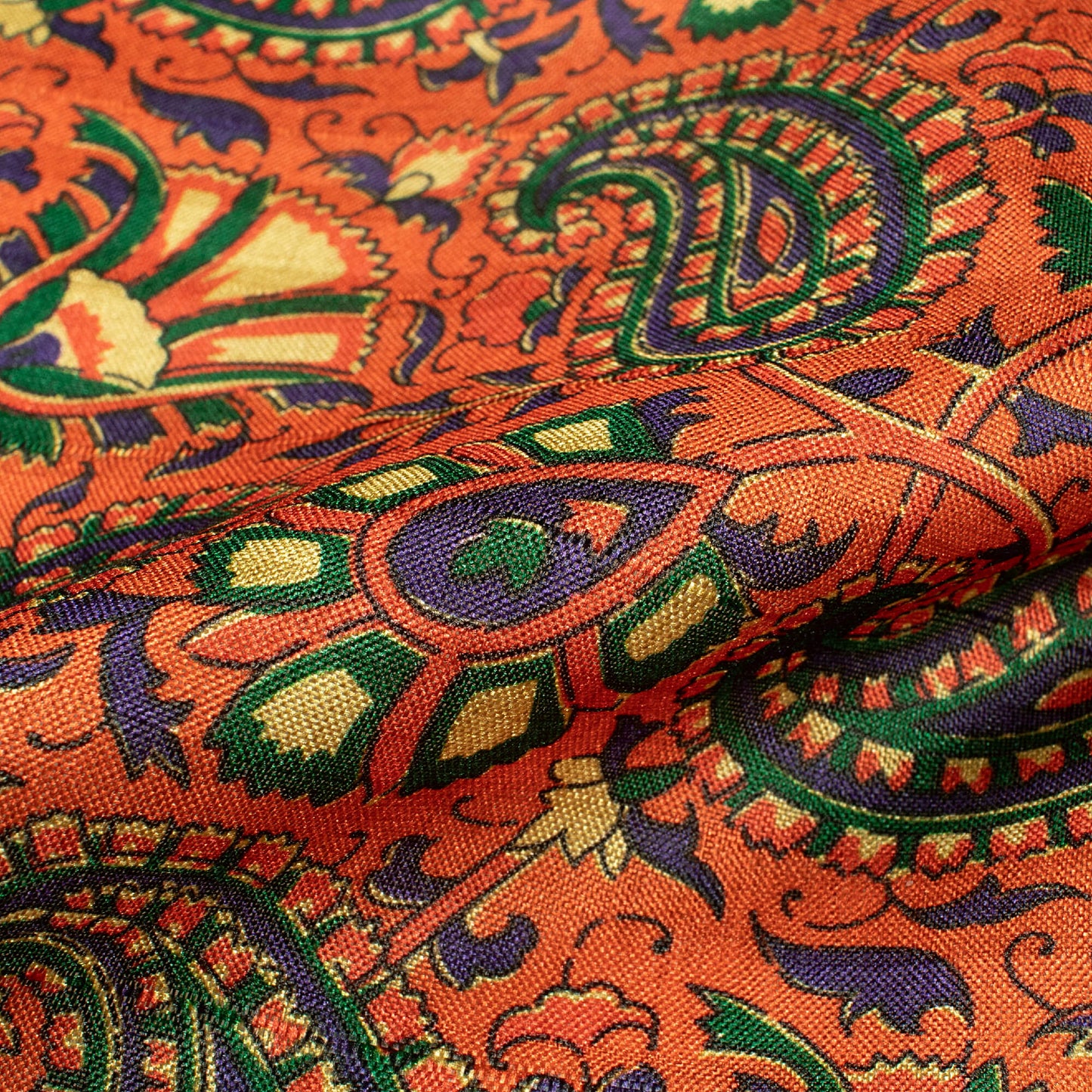 Burnt Orange And Dark Green Paisley Pattern Digital Print Art Tusser Silk Fabric
