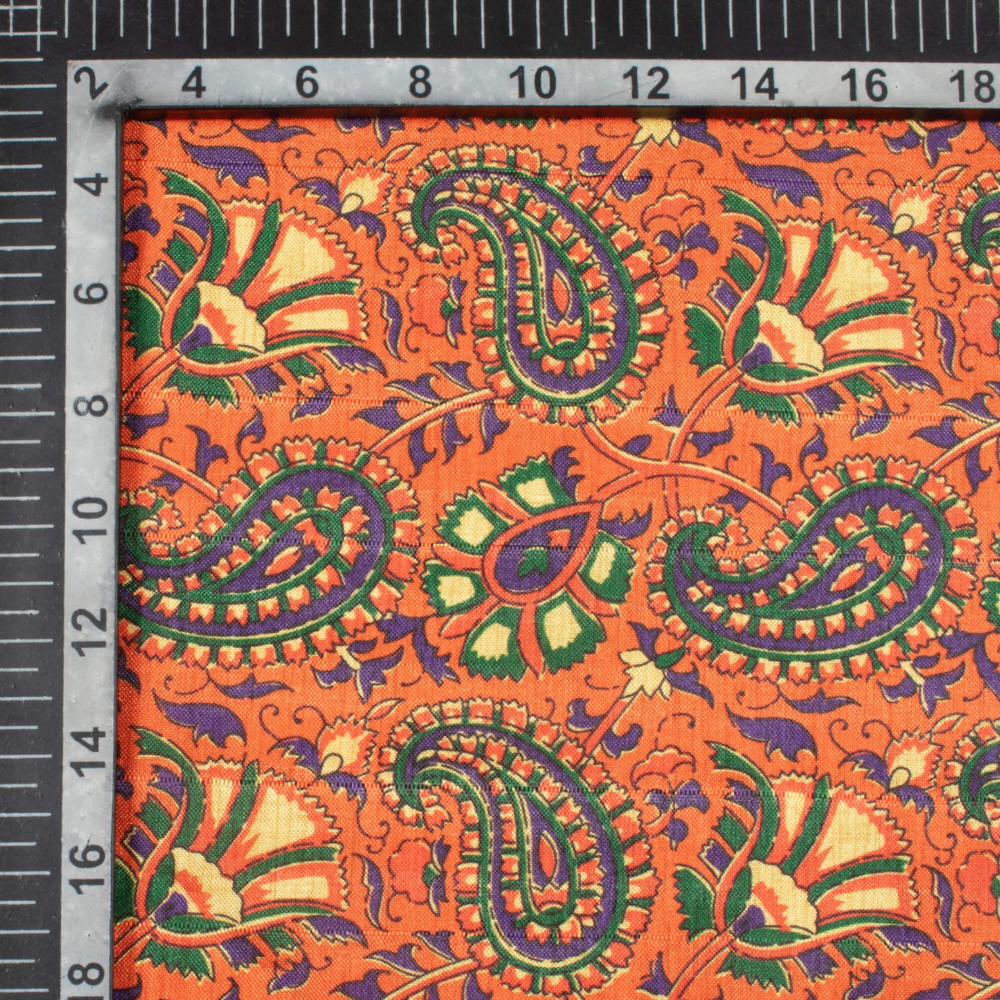 Burnt Orange And Dark Green Paisley Pattern Digital Print Art Tusser Silk Fabric