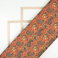 Burnt Orange And Dark Green Paisley Pattern Digital Print Art Tusser Silk Fabric