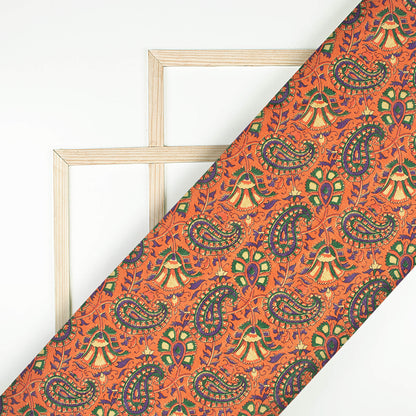 Burnt Orange And Dark Green Paisley Pattern Digital Print Art Tusser Silk Fabric