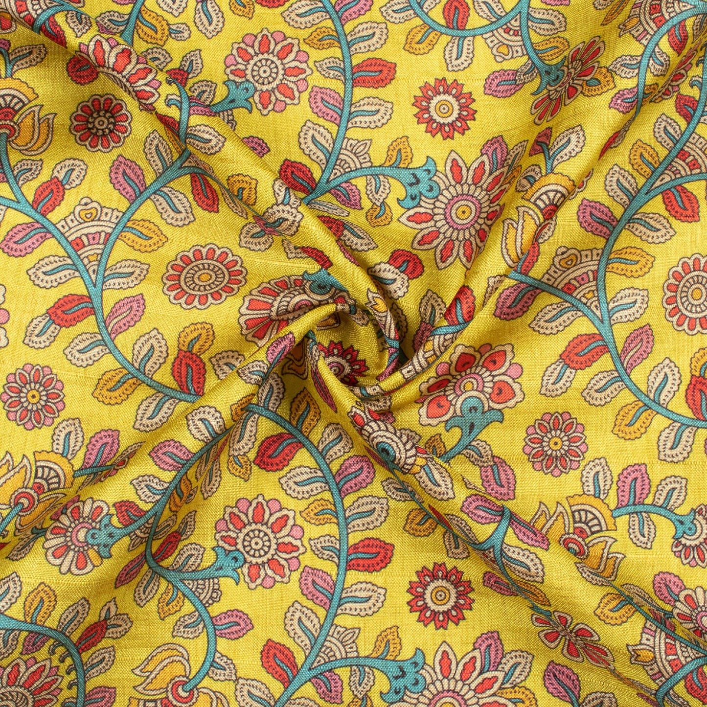 Lemon Yellow And Blood Red Kalamkari Pattern Digital Print Art Tusser Silk Fabric