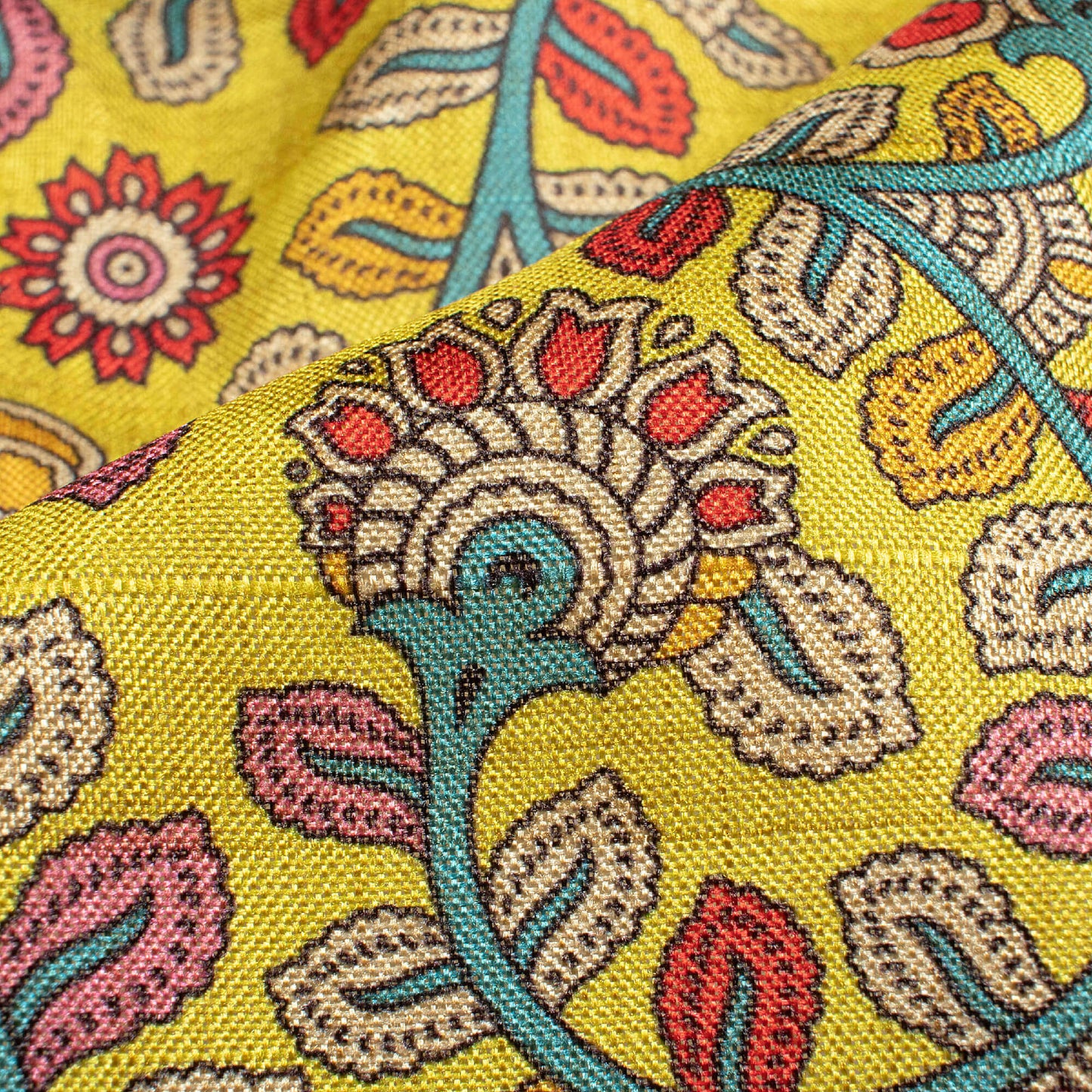 Lemon Yellow And Blood Red Kalamkari Pattern Digital Print Art Tusser Silk Fabric