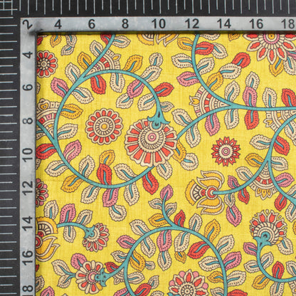 Lemon Yellow And Blood Red Kalamkrii Pattern Digital Print Art Tusser Silk Fabric