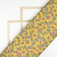 Lemon Yellow And Blood Red Kalamkrii Pattern Digital Print Art Tusser Silk Fabric