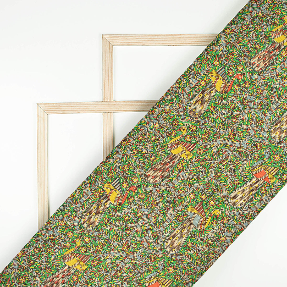 Forest Green And Red Madhuvanii Pattern Digital Print Art Tusser Silk Fabric
