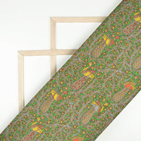 Forest Green And Red Madhuvanii Pattern Digital Print Art Tusser Silk Fabric