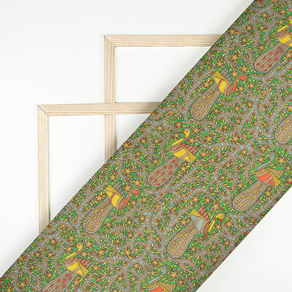 Forest Green And Red Madhuvanii Pattern Digital Print Art Tusser Silk Fabric