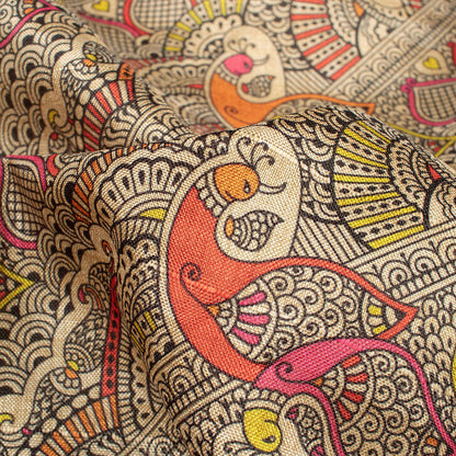 Off White And Black Madhuvanii Pattern Digital Print Art Tusser Silk Fabric