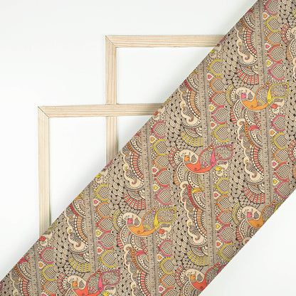 Off White And Black Madhuvanii Pattern Digital Print Art Tusser Silk Fabric