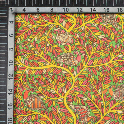 Yellow And Magenta Pink Leaf Pattern Digital Print Art Tusser Silk Fabric