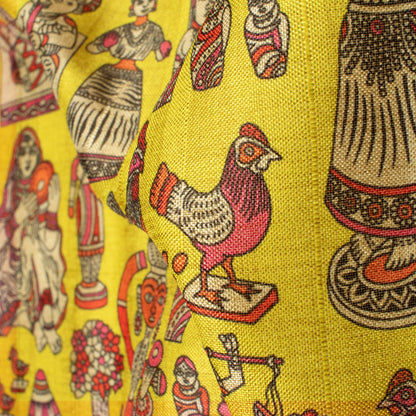 Bumblebee Yellow And Hot Pink Madhuvanii Pattern Digital Print Art Tusser Silk Fabric