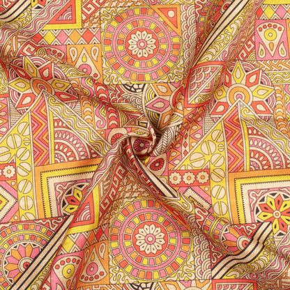 Hot Pink And Bumblebee Yellow Madhuvanii Pattern Digital Print Art Tusser Silk Fabric