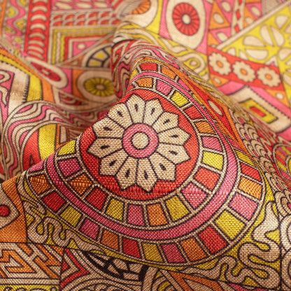 Hot Pink And Bumblebee Yellow Madhuvanii Pattern Digital Print Art Tusser Silk Fabric