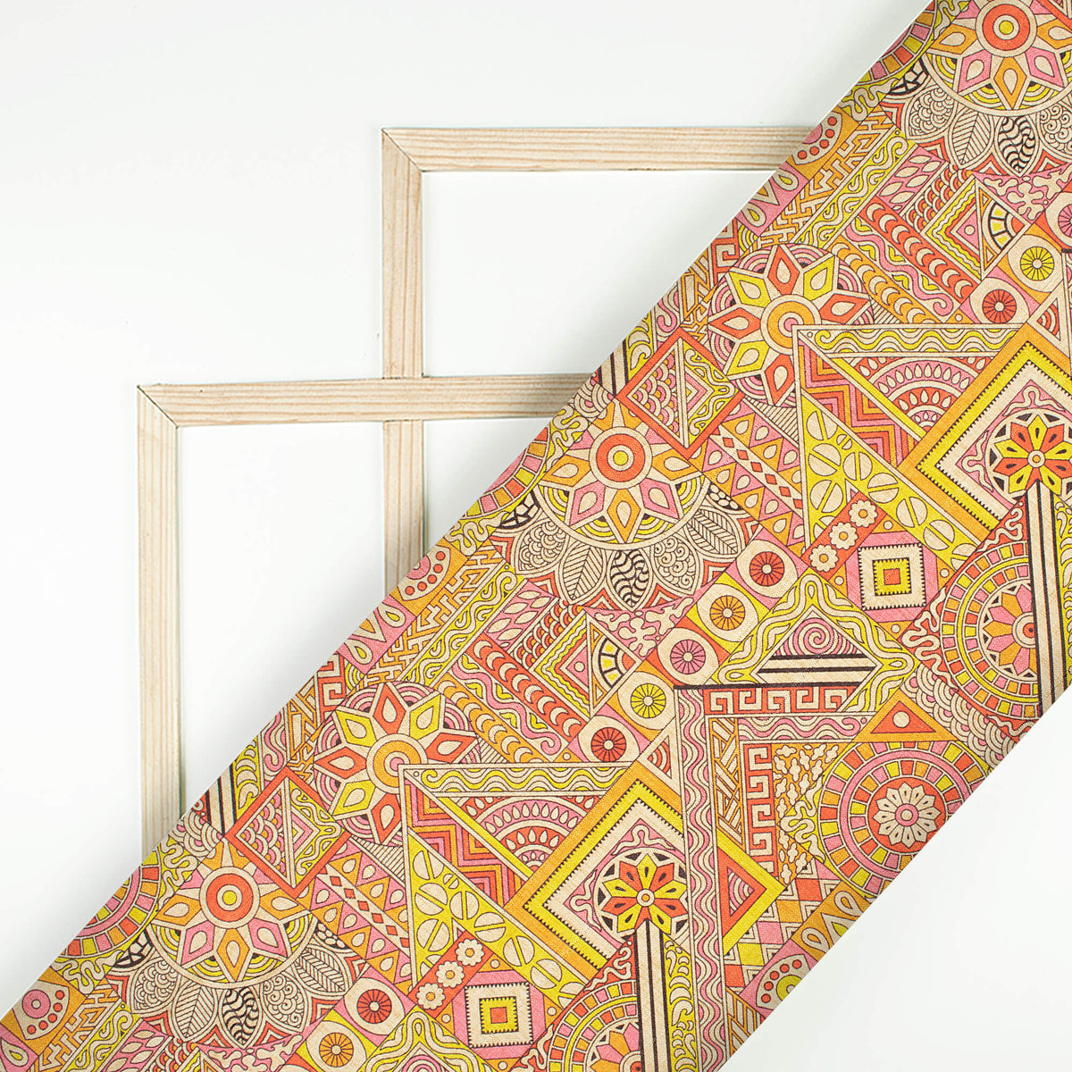 Hot Pink And Bumblebee Yellow Madhubani Pattern Digital Print Art Tusser Silk Fabric