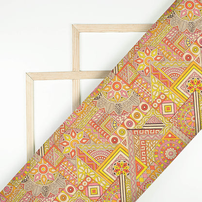 Hot Pink And Bumblebee Yellow Madhuvanii Pattern Digital Print Art Tusser Silk Fabric