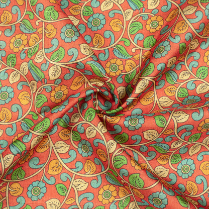 Rust Orange And Steel Blue Kalamkrii Pattern Digital Print Art Tusser Silk Fabric