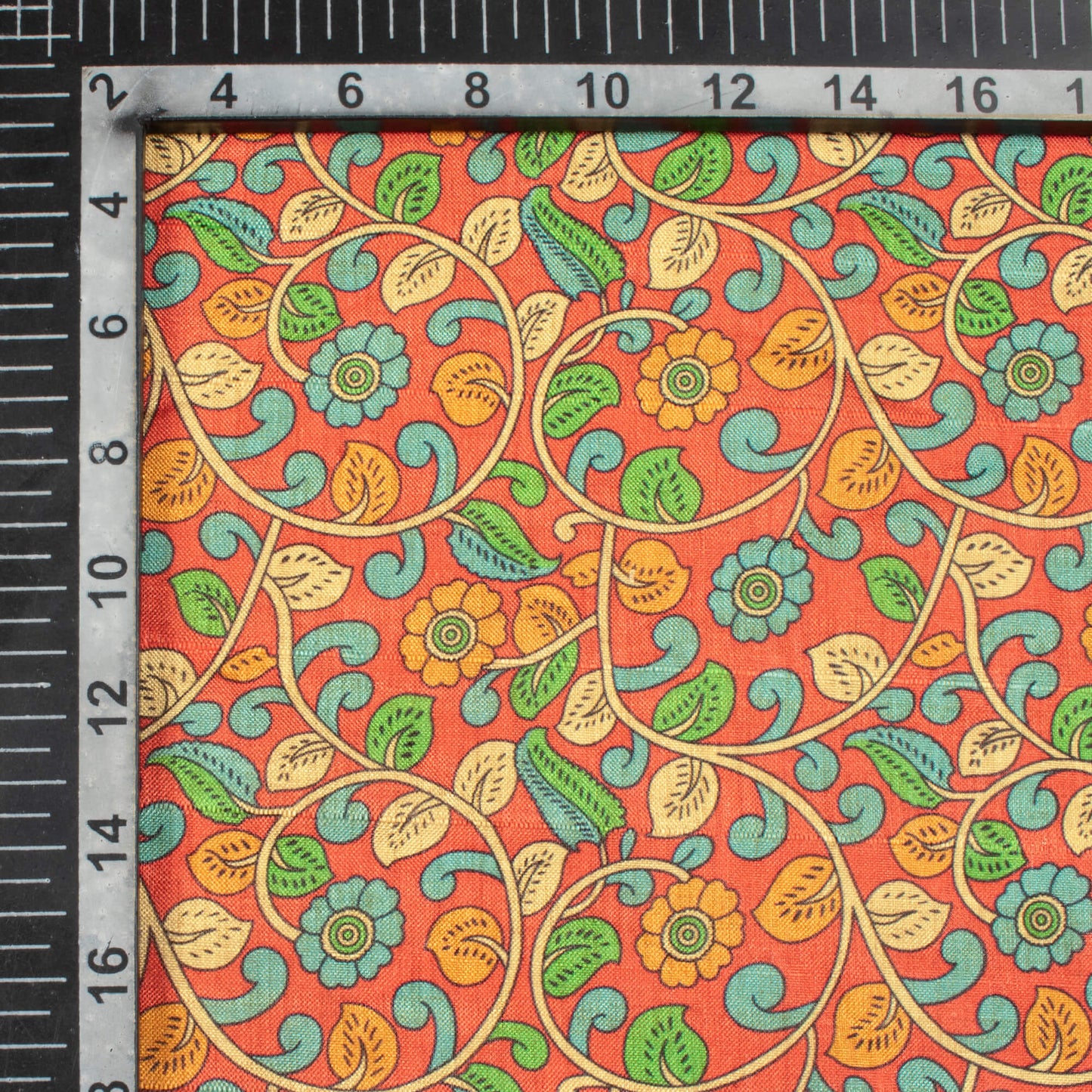 Rust Orange And Steel Blue Kalamkari Pattern Digital Print Art Tusser Silk Fabric