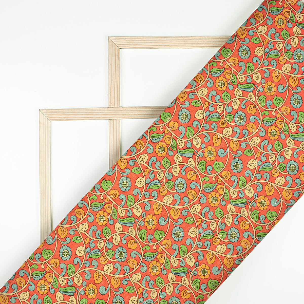 Rust Orange And Steel Blue Kalamkari Pattern Digital Print Art Tusser Silk Fabric