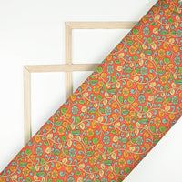 Rust Orange And Steel Blue Kalamkrii Pattern Digital Print Art Tusser Silk Fabric