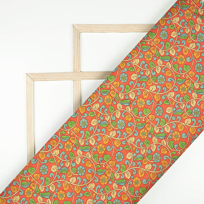 Rust Orange And Steel Blue Kalamkrii Pattern Digital Print Art Tusser Silk Fabric