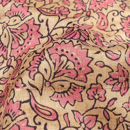 Taffy Pink And Off White Kalamkrii Pattern Digital Print Art Tusser Silk Fabric