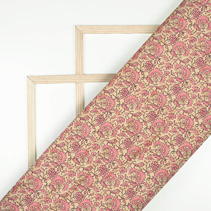 Taffy Pink And Off White Kalamkrii Pattern Digital Print Art Tusser Silk Fabric